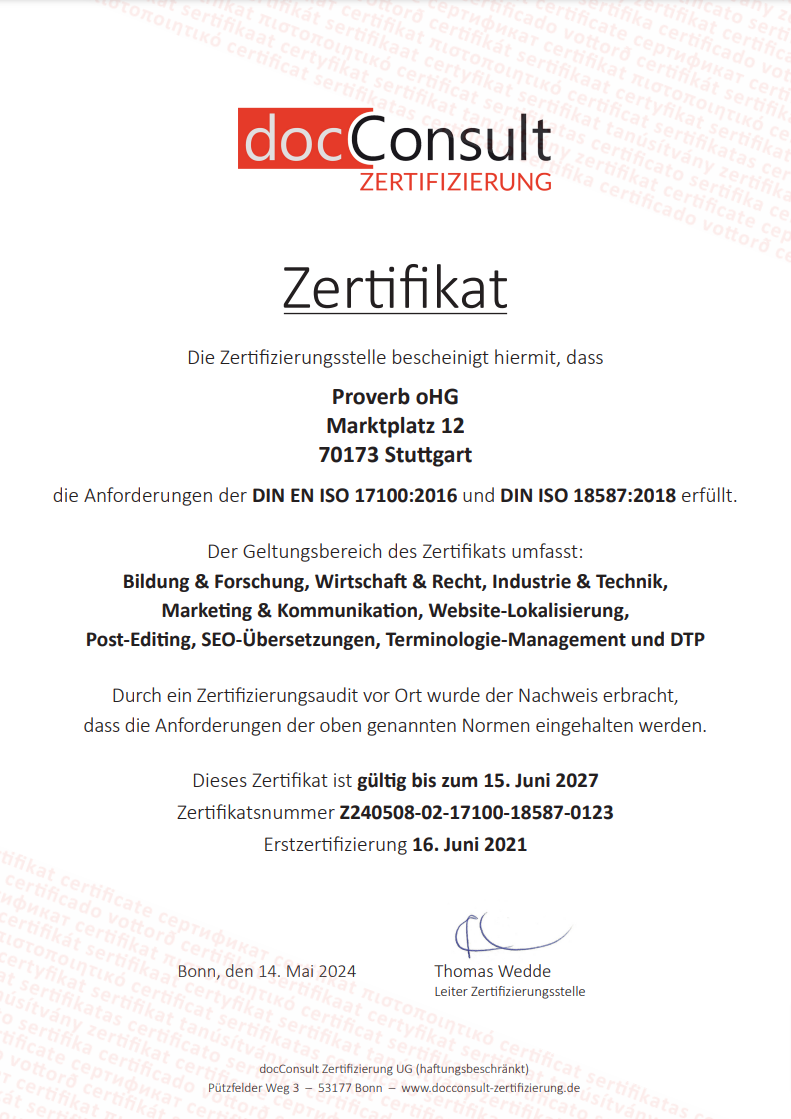 Proverb Doc Consult Zertifizierung